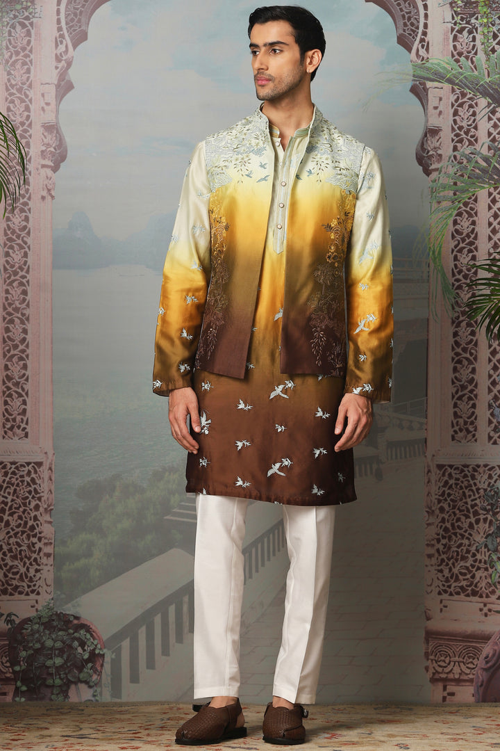 Sunset Golden Floral Embroidered Open Kurta Bundi Set