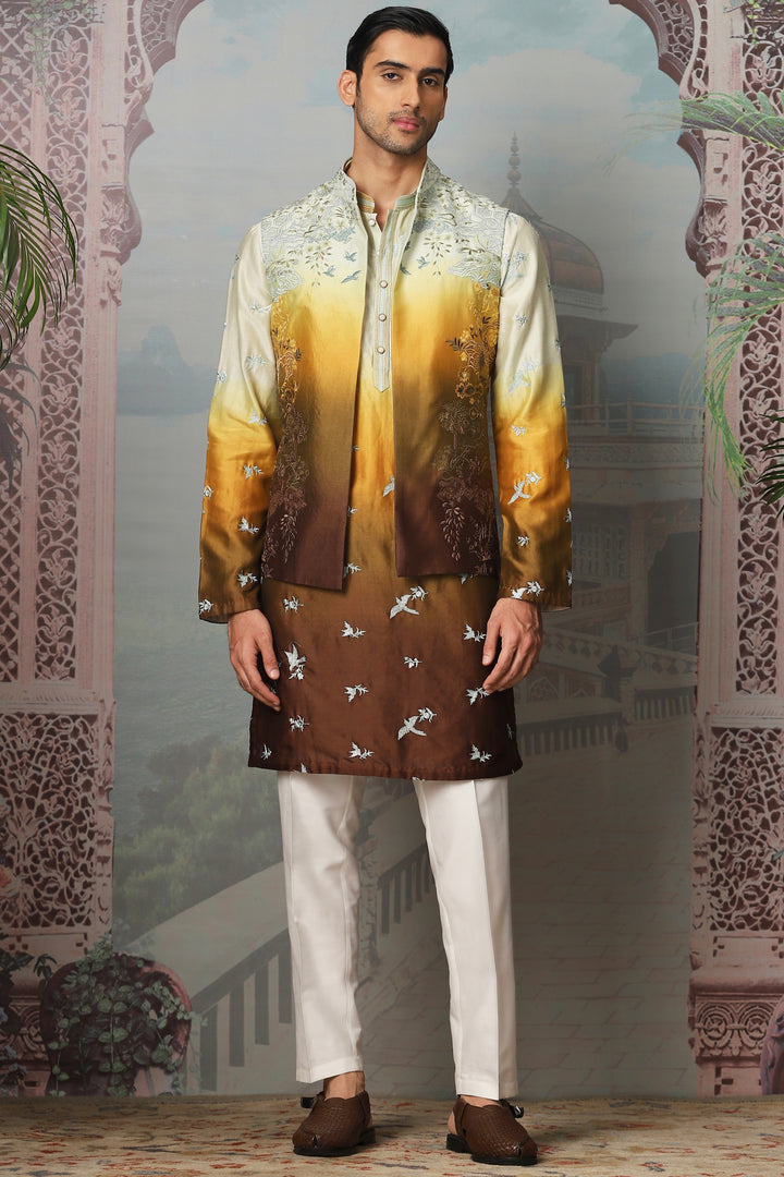 Sunset Golden Floral Embroidered Open Kurta Bundi Set