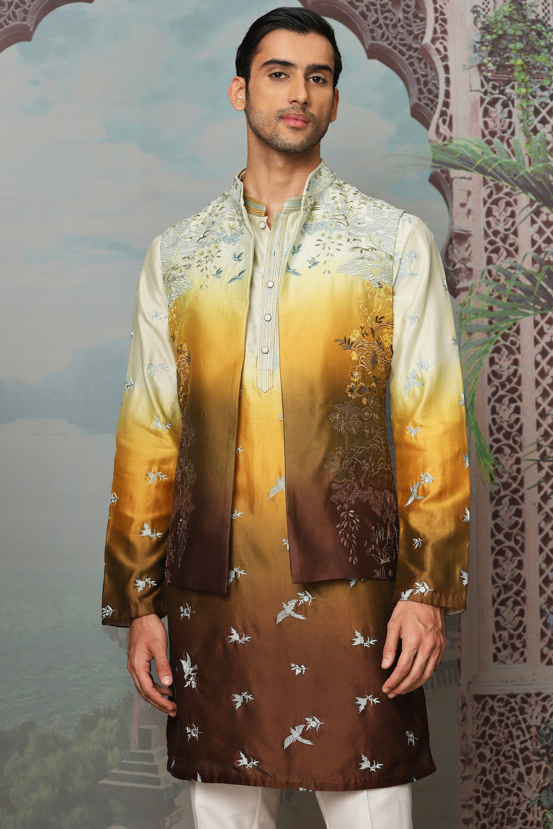 Sunset Golden Floral Embroidered Open Kurta Bundi Set