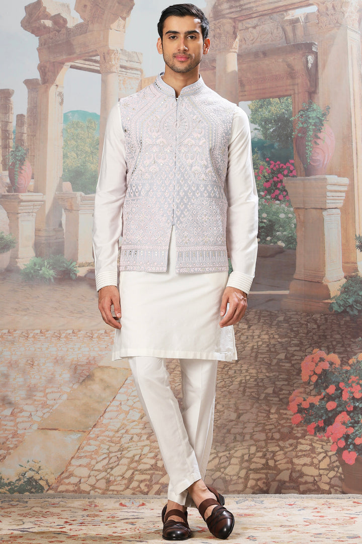 Slate Sky Dori Embroidered Kurta Bundi Set