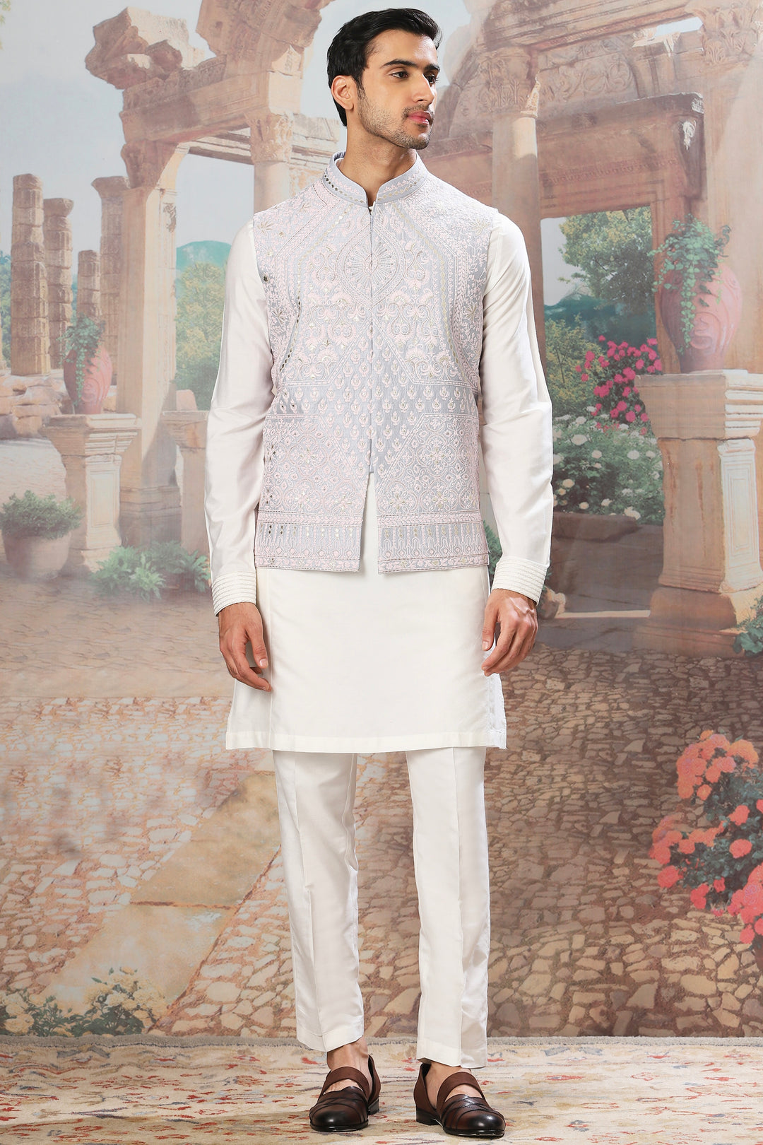 Slate Sky Dori Embroidered Kurta Bundi Set