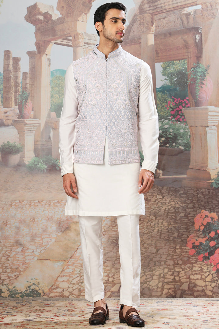 Slate Sky Dori Embroidered Kurta Bundi Set