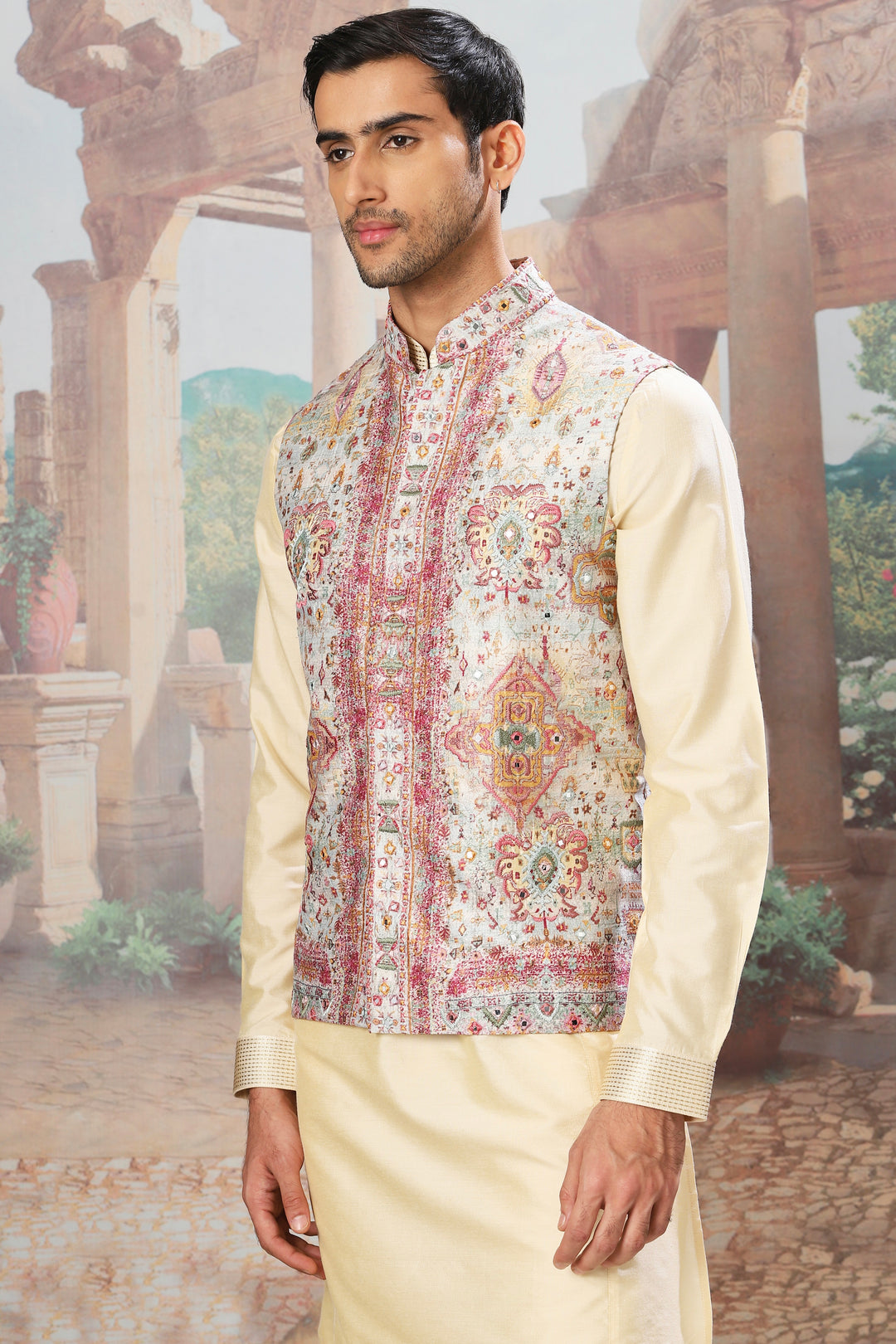 Golden Minaret Mirror Embroidered Kurta Bundi Set