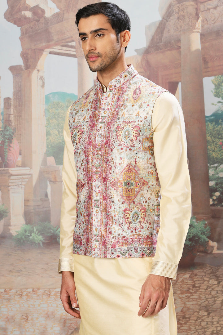 Golden Minaret Mirror Embroidered Kurta Bundi Set