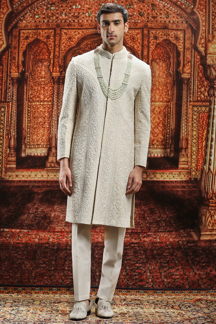 Ivory Chanderi Cutdana Embroidered Sherwani Set