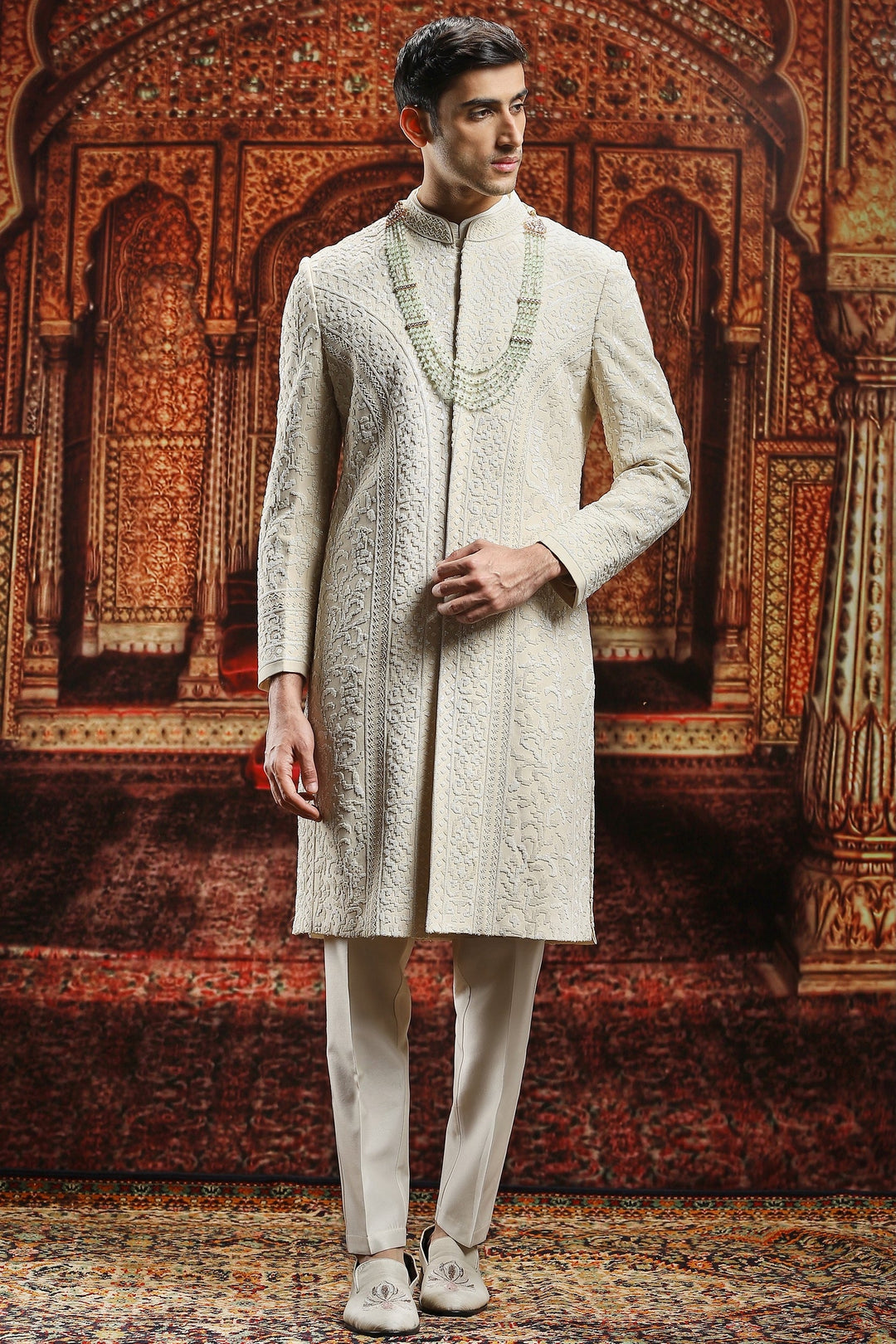 Ivory Chanderi Cutdana Embroidered Sherwani Set