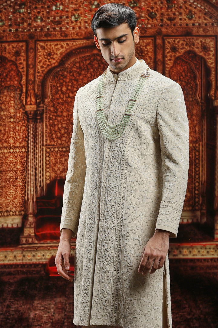 Ivory Chanderi Cutdana Embroidered Sherwani Set