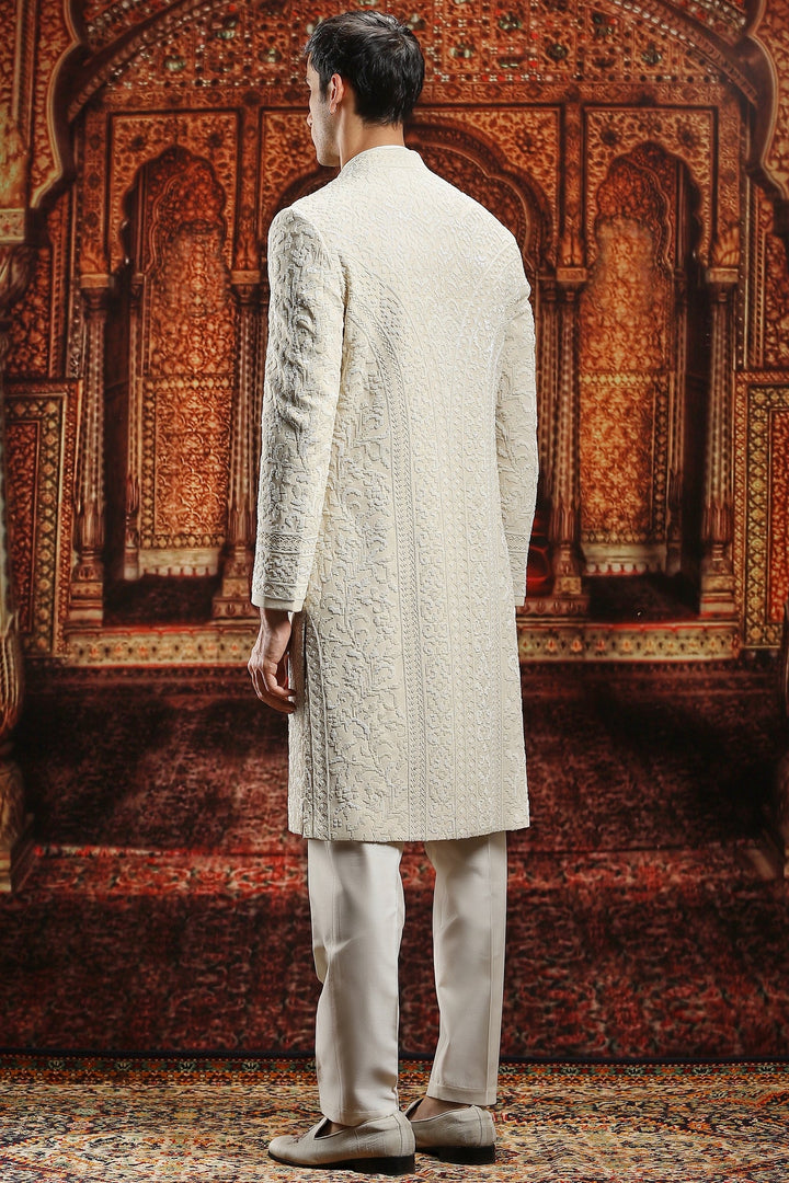 Ivory Chanderi Cutdana Embroidered Sherwani Set