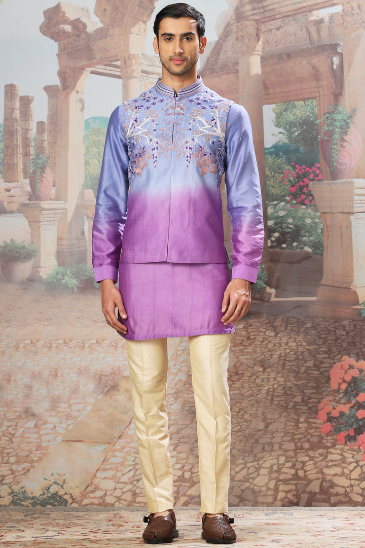 Violet Dusk Ombre Embroidered Kurta Bundi Set