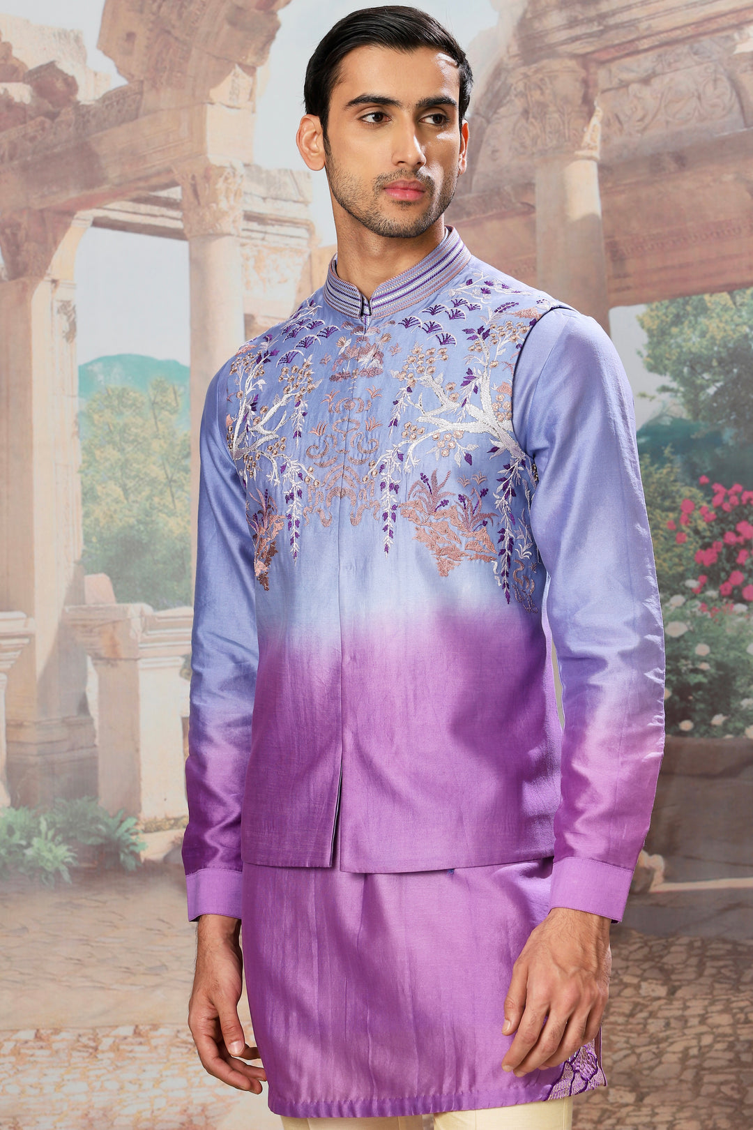 Violet Dusk Ombre Embroidered Kurta Bundi Set