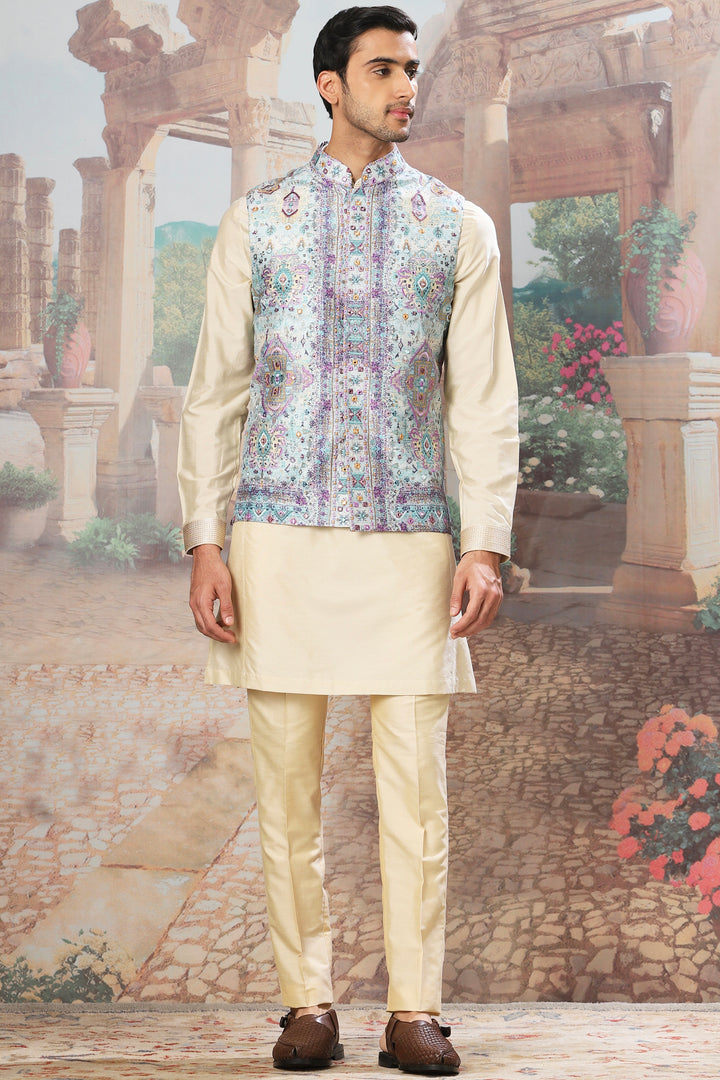 Mughal Minaret Digital Print Mirror Embroidered Kurta Bundi Set