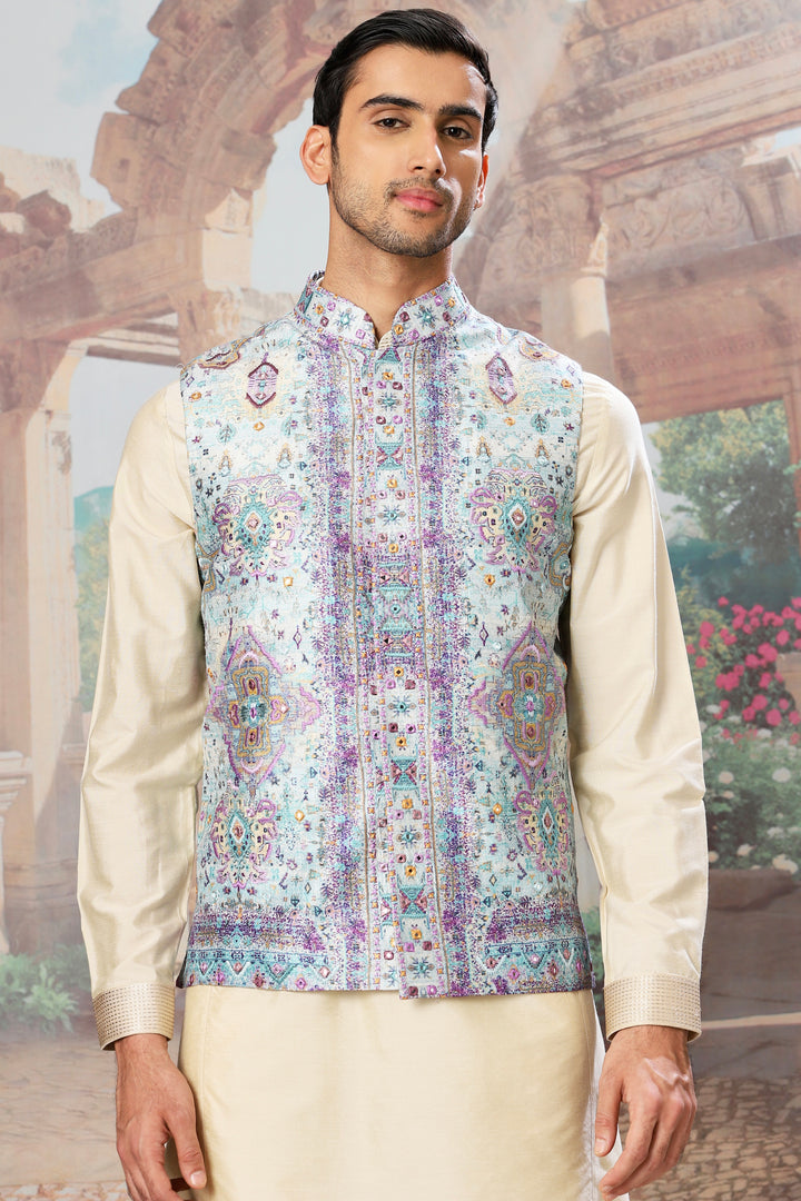 Mughal Minaret Digital Print Mirror Embroidered Kurta Bundi Set