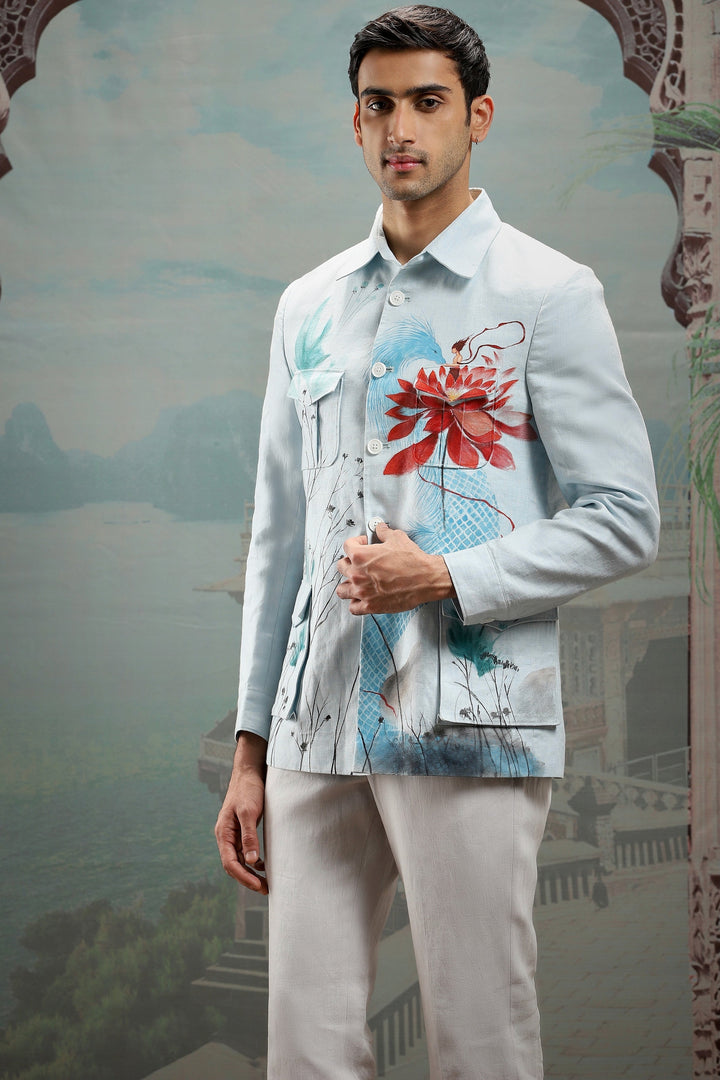 Light Blue Hand-Painted Linen Shacket