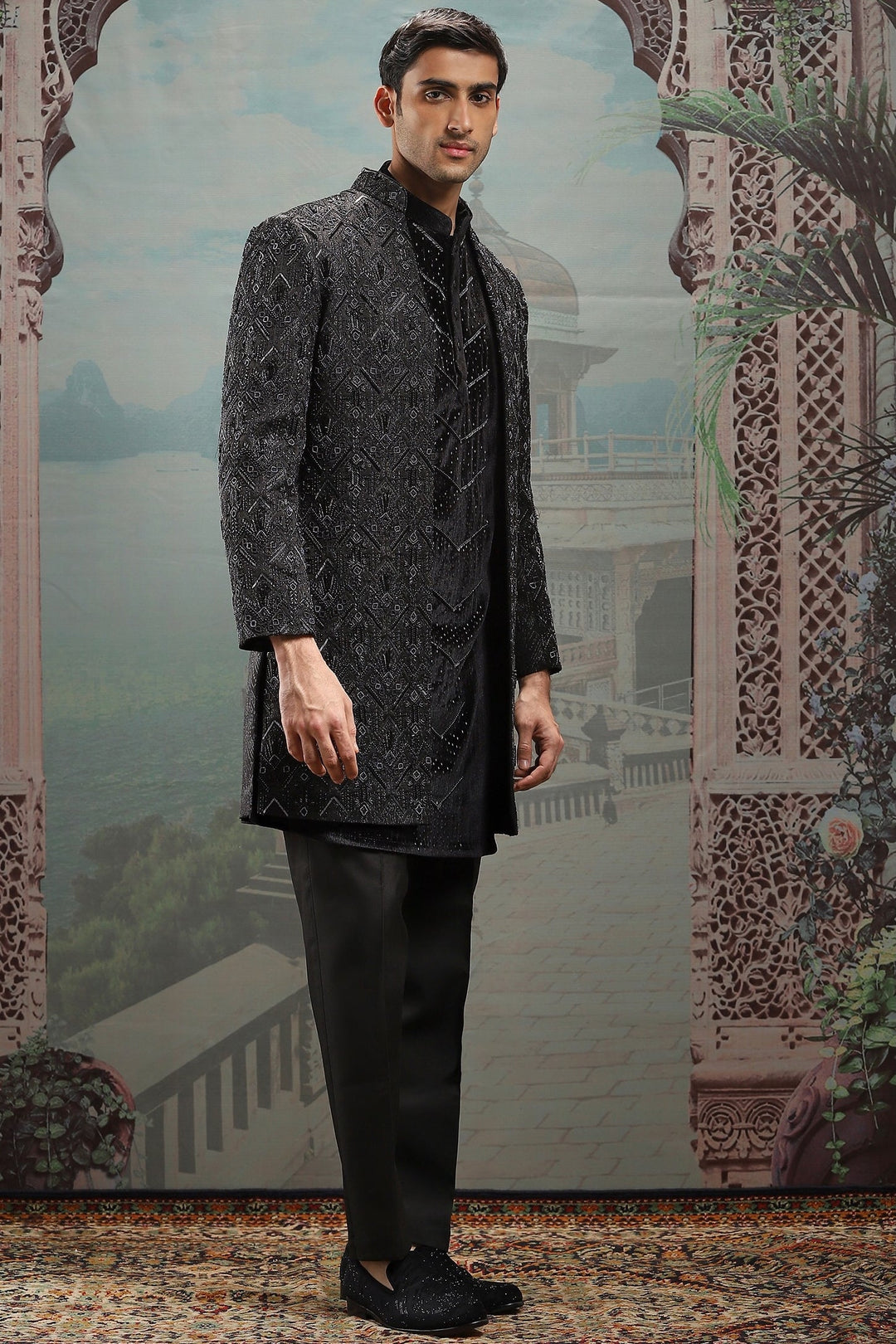 Black Zari Embroidered Open Indowestern