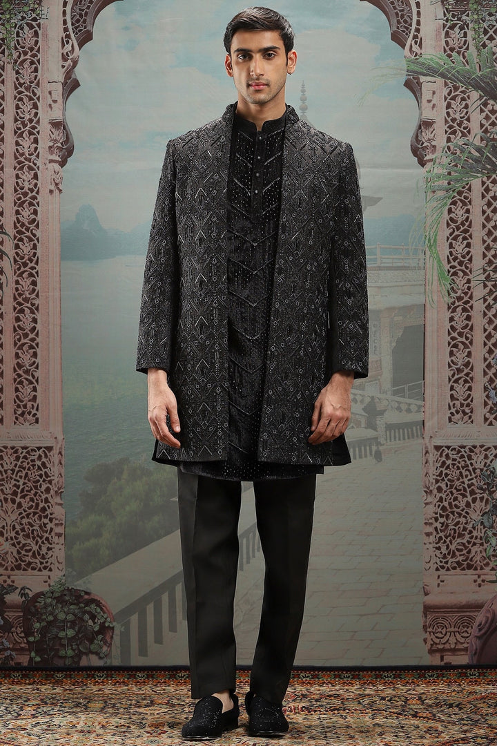 Black Zari Embroidered Open Indowestern