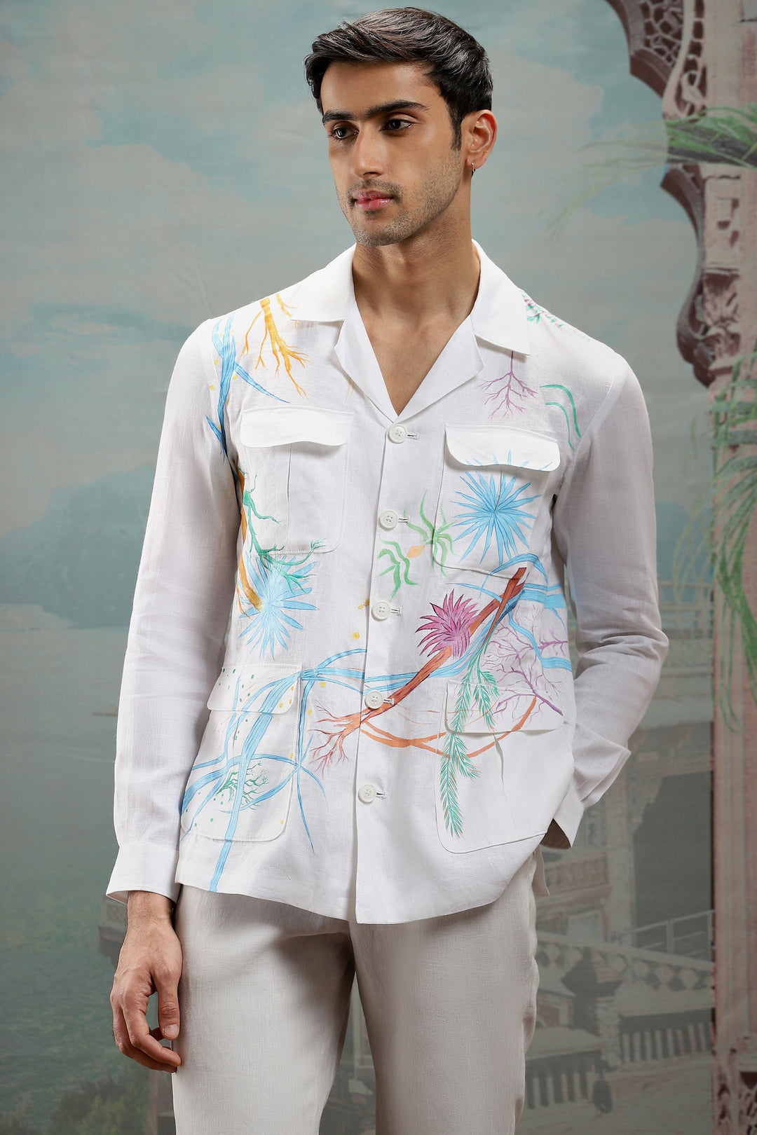 White Abstract Hand-Painted Linen Shacket