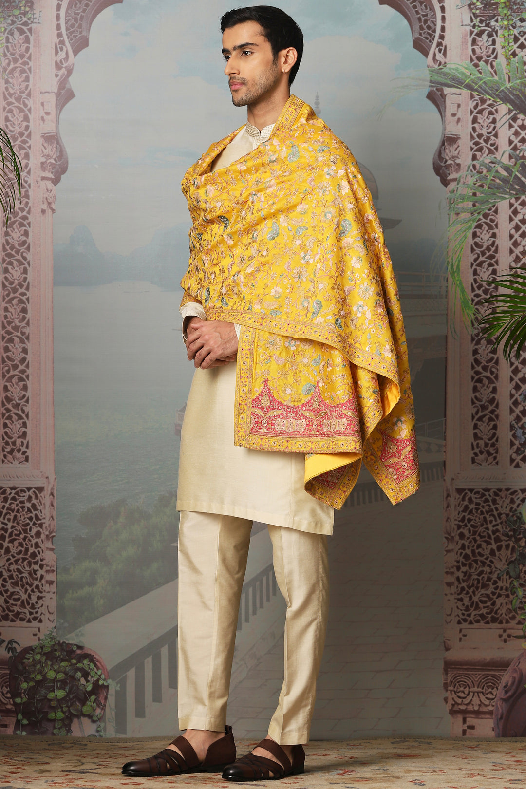 Saffron Gold Silk Embroidered Stole