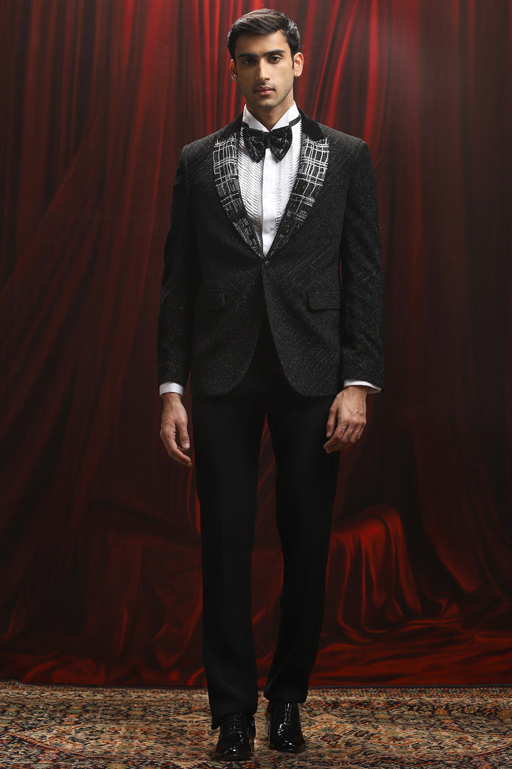 Black Cosmic Grid Embroidered Tuxedo Set