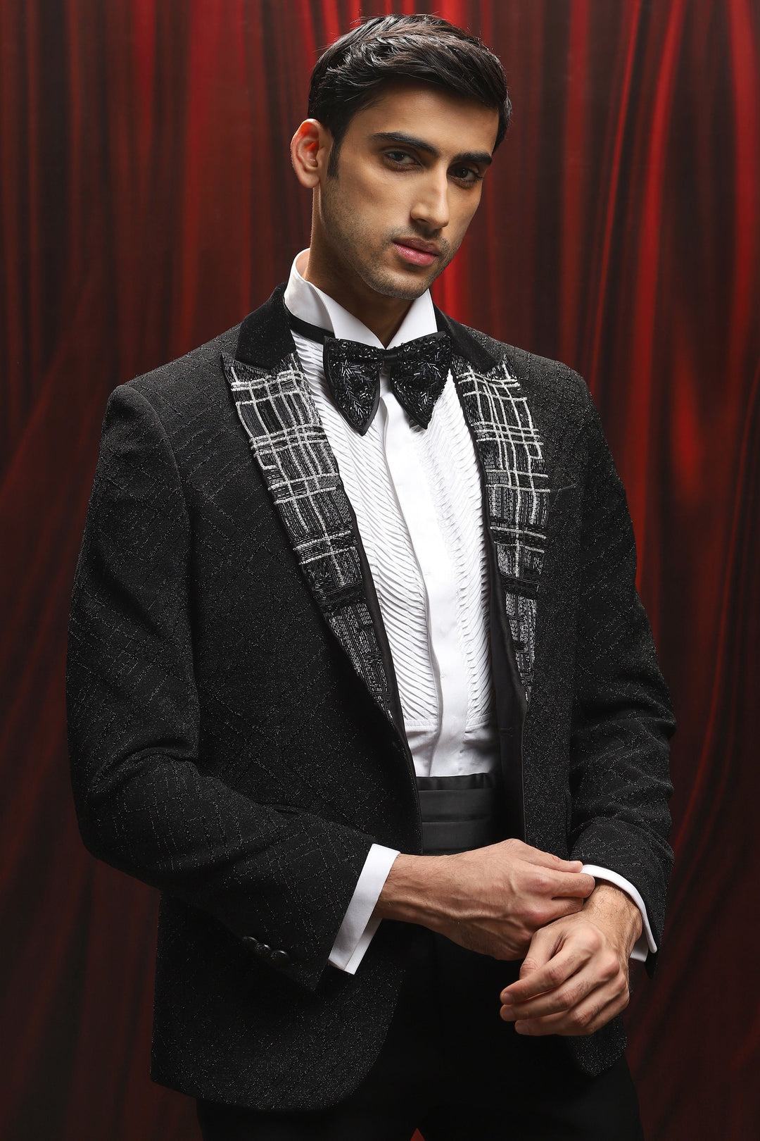 Black Cosmic Grid Embroidered Tuxedo Set