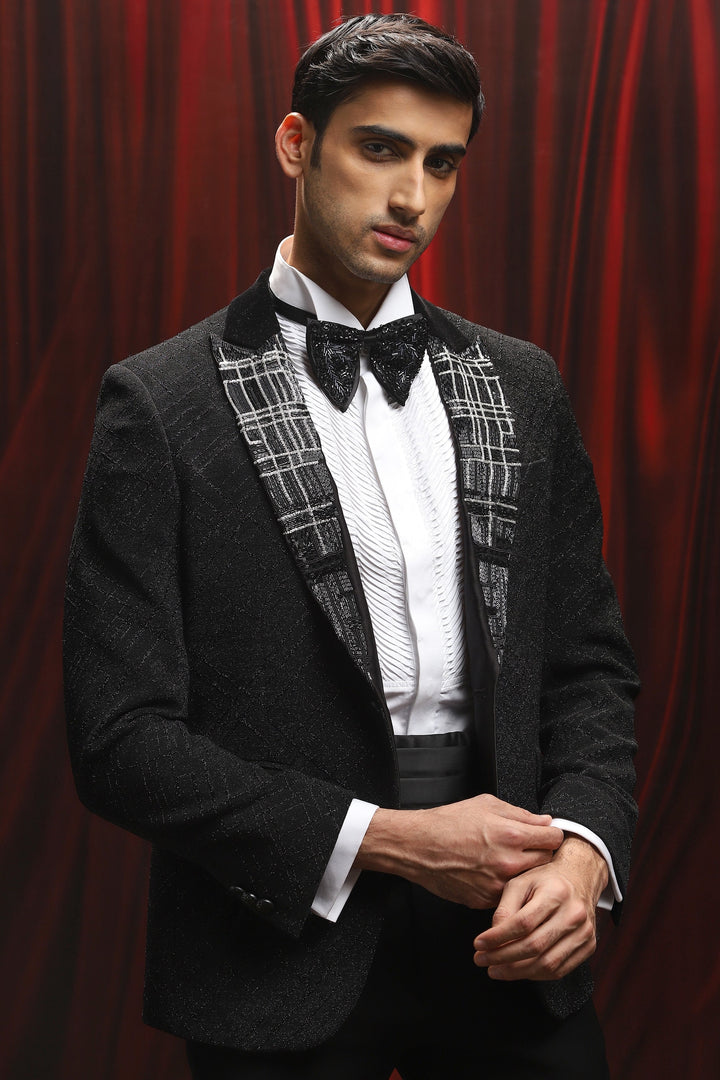 Black Cosmic Grid Embroidered Tuxedo Set