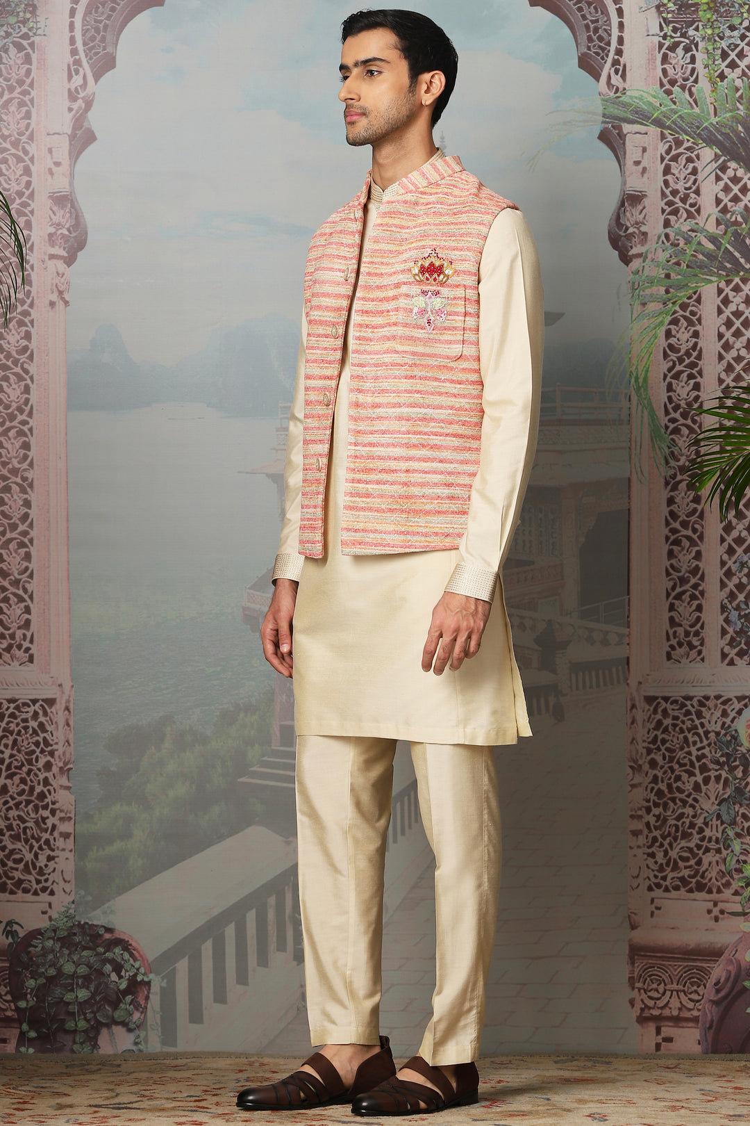 Gul Kantha Linen Embroidered Kurta Bundi Set