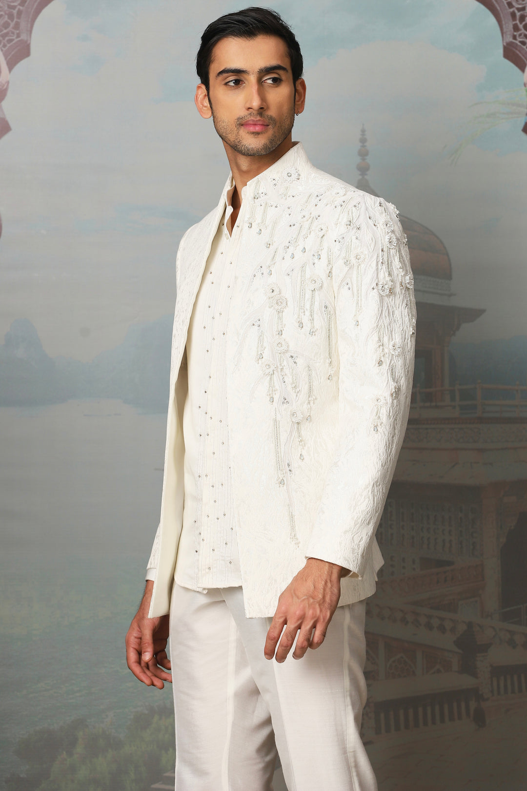 Ivory Pearl Grace Embroidered Open Indowestern Set