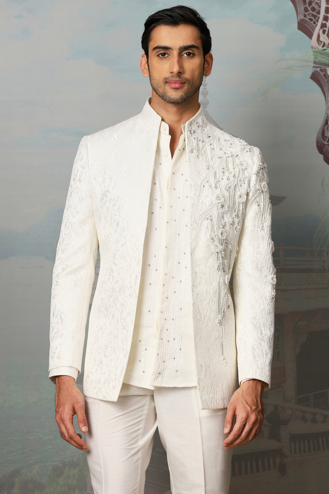 Ivory Pearl Grace Embroidered Open Indowestern Set