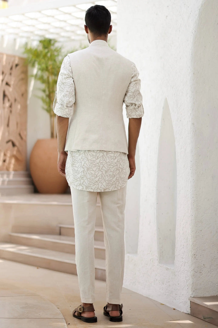 Online Buy High-Quality Natural Beige Abstract Geometric Print Kurta Bundi Set