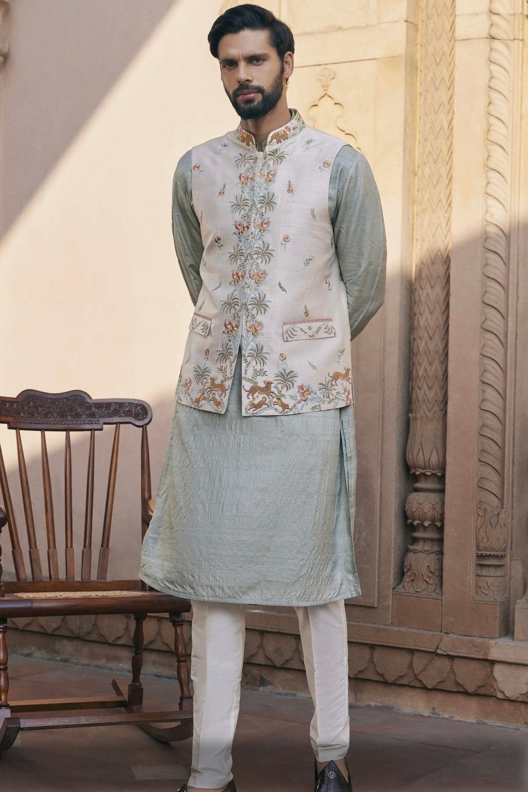 Order Green Silk Embroidered Bundi Set Today