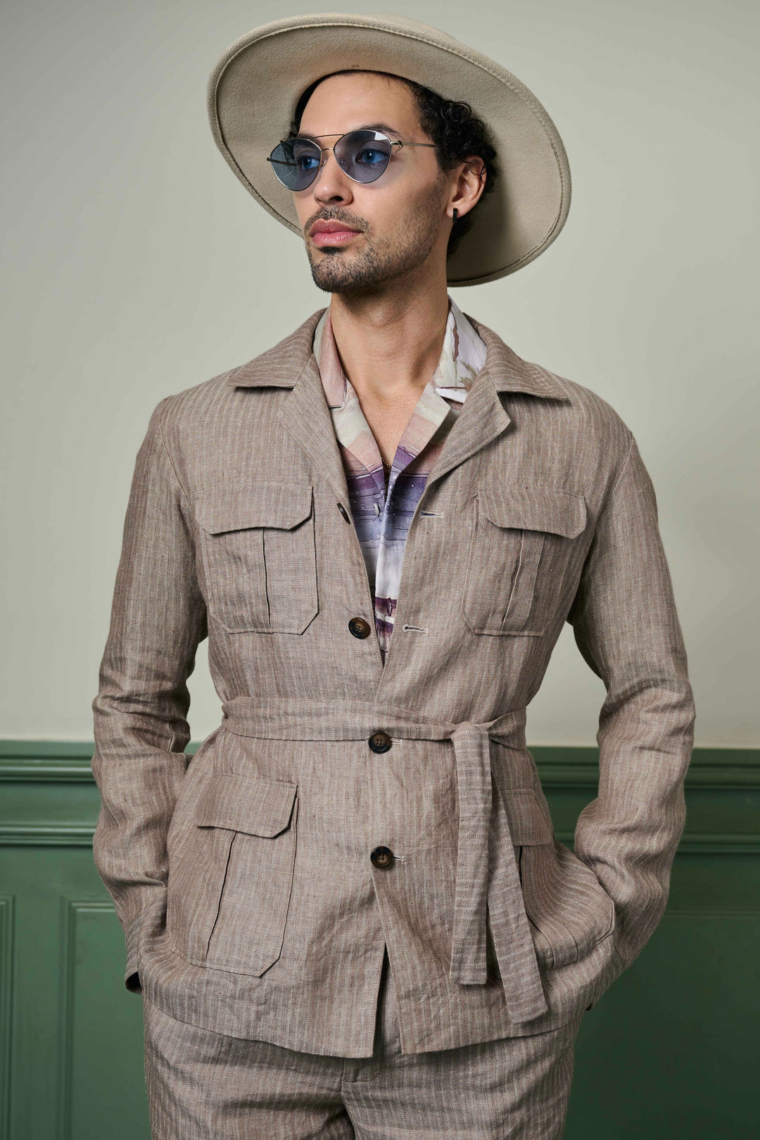 Herringbone Textured Linen Safari Suit - Main Image