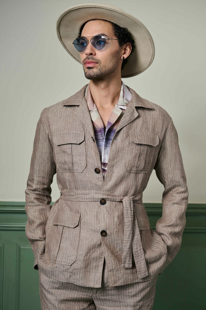 Order Herringbone Textured Linen Safari Suit 