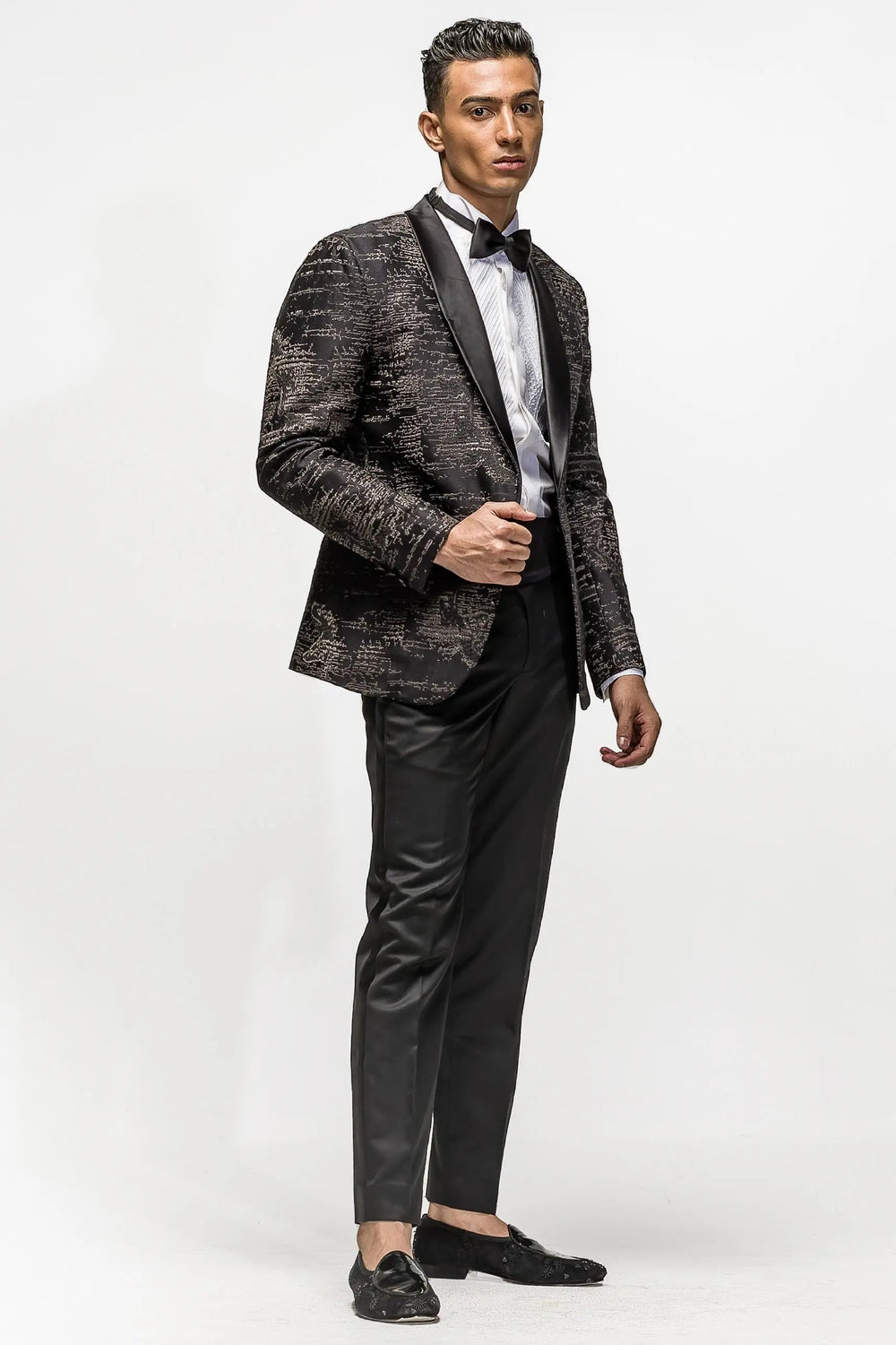 Night Spell Black Silk Embroidered Tuxedo - Asuka Couture