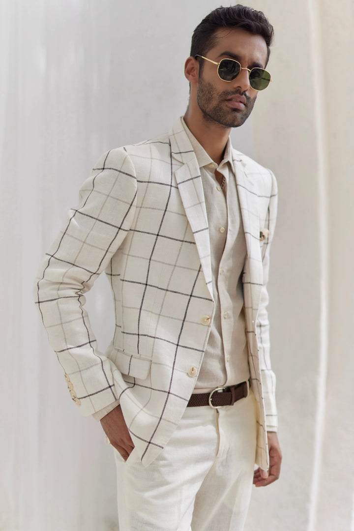 Affordable Porcelain White Windowpane Check Blazer Set