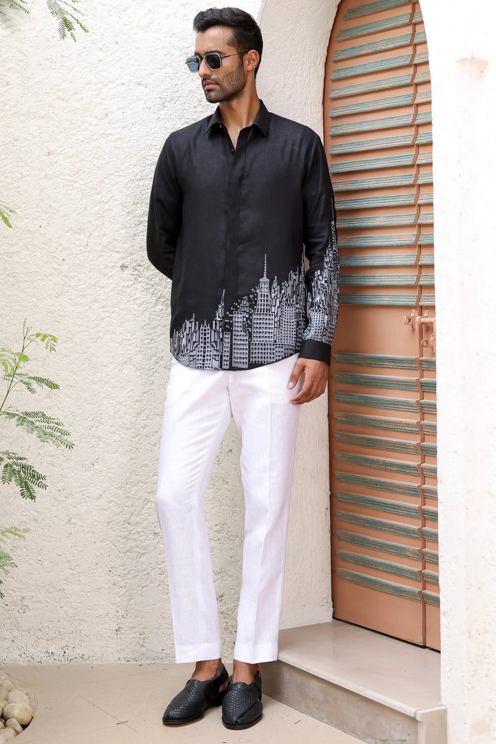 Purchase Black City Printed Resham Embroidered Linen Shirt 
