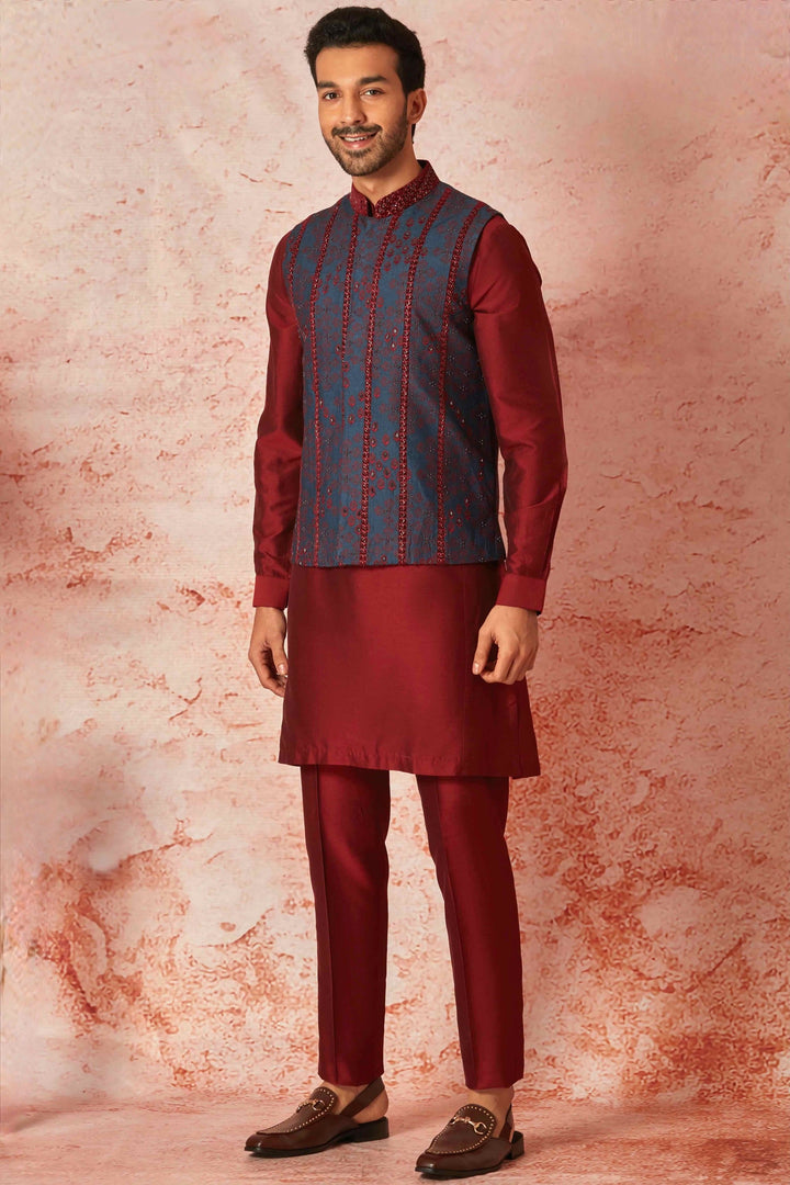 Purchase Blue Raw Silk Embroidered Bundi Set