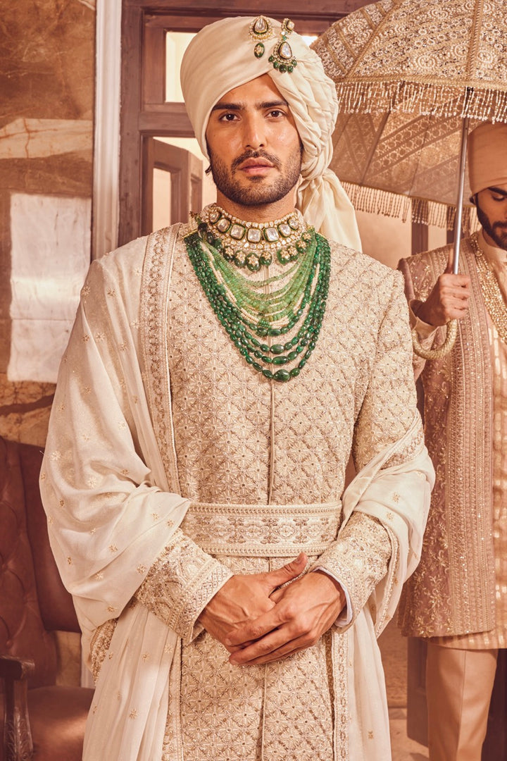 Purchase Ivory Raw Silk Zardozi Embroidered Sherwani Online with Ease