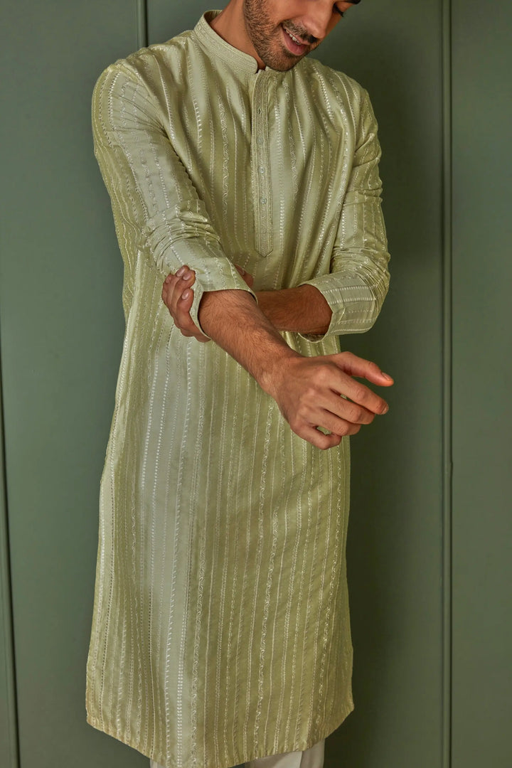 Purchase Lime Striped Resham Fusion Tussar Silk Kurta Online