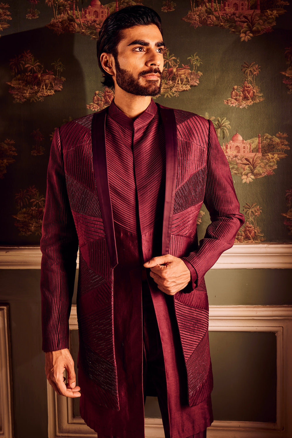 Purchase Maroon Chanderi Pintuck Indowestern Outfit
