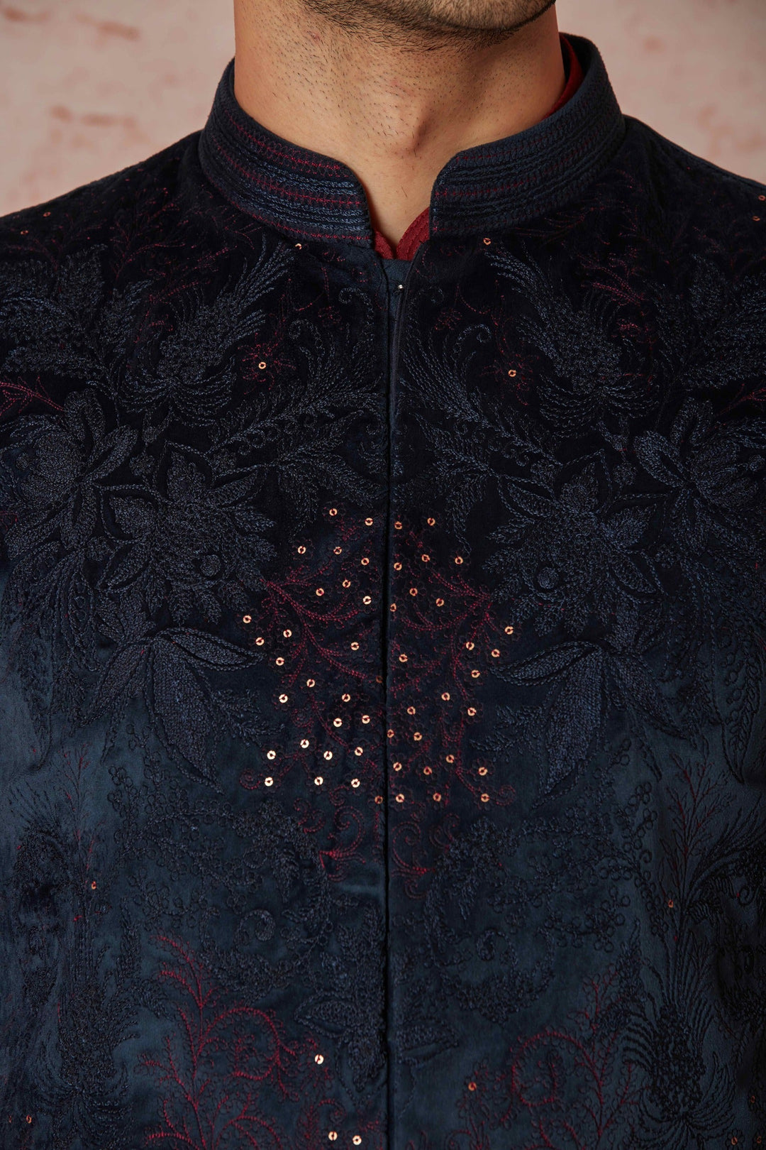Purchase Navy Velvet Embroidered Bundi with Maroon Chanderi Silk Kurta Set