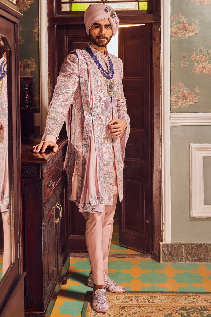 Purchase Pink Raw Silk Panel Embroidered Sherwani Online at Affordable Prices