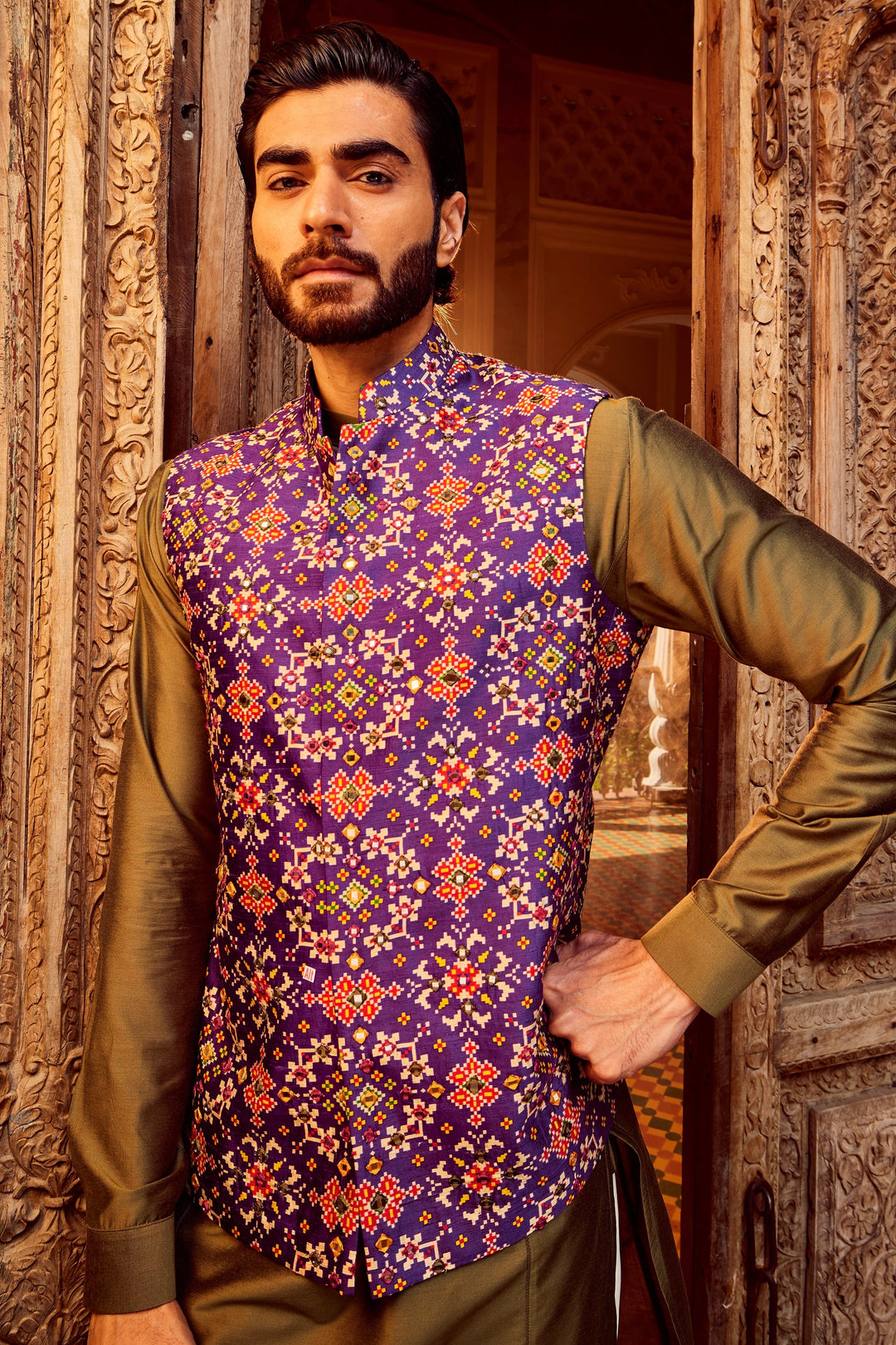 Purchase Purple Raw Silk Mirror Embellished Kurta Bundi Set