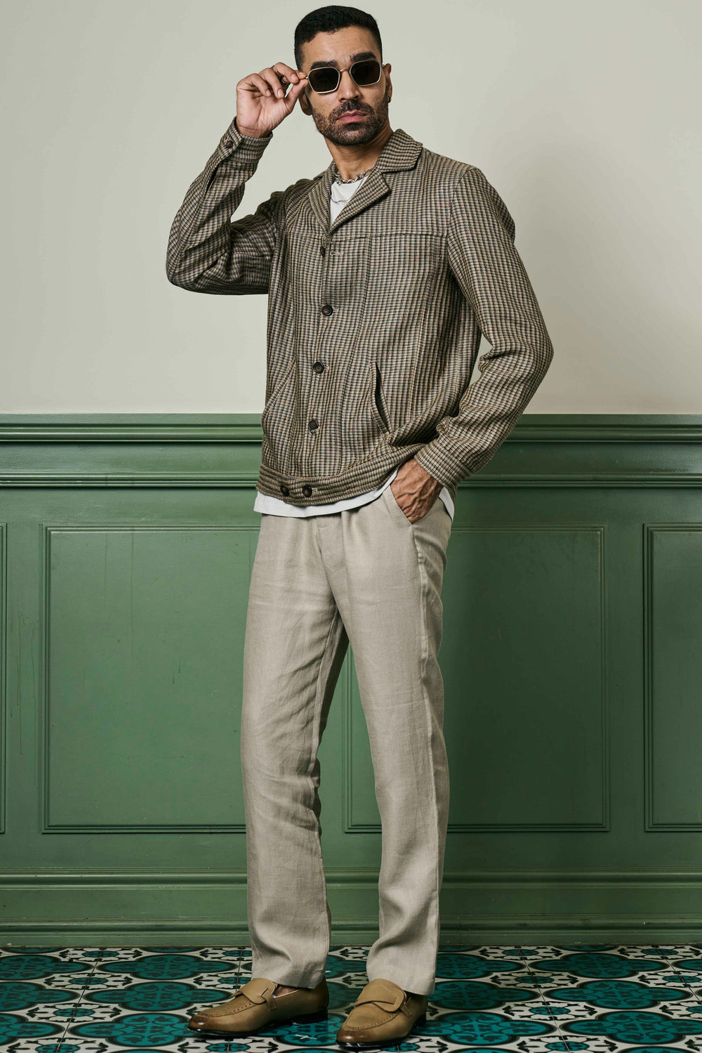 Purchase Quality Brown Houndstooth Cuban Collar Jacket Online Now!