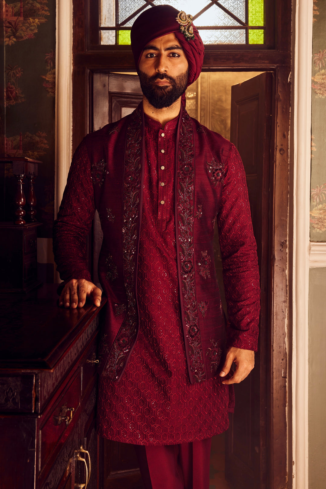 Purchase Quality Ruby Chanderi Embroidered Open Kurta Bundi Set Today