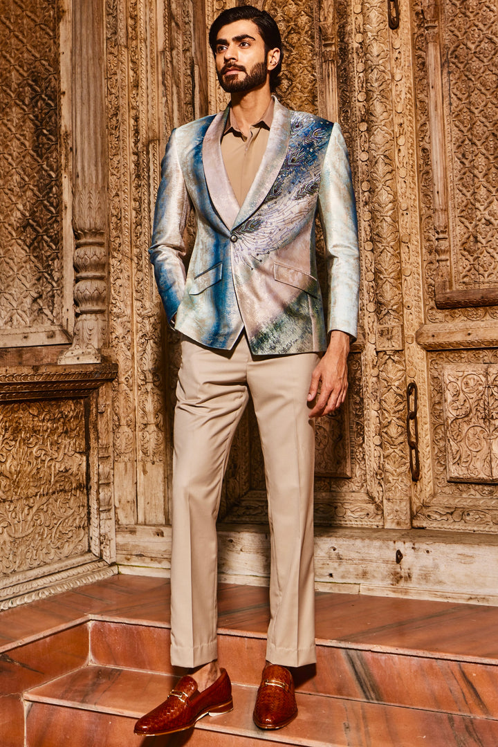 Purchase Sky Blue Peacock Velvet Feather Embroidered Tuxedo Set Here