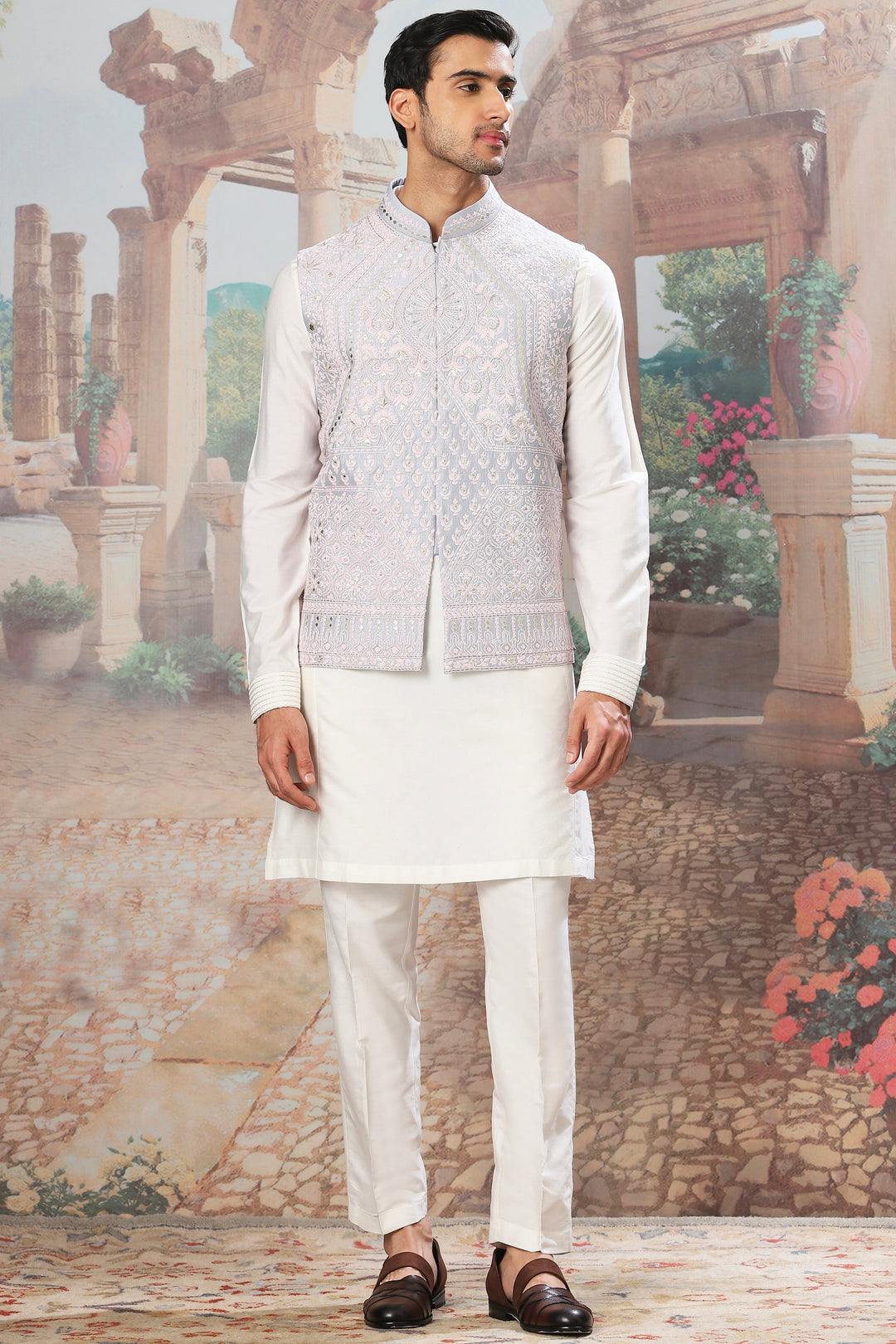 Purchase Slate Sky Dori Embroidered Kurta Bundi Set 