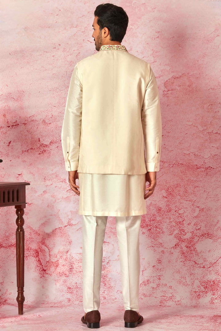 Purchase the Best Brand Cream Silk Kurta Bundi Set with Resham Embroidery