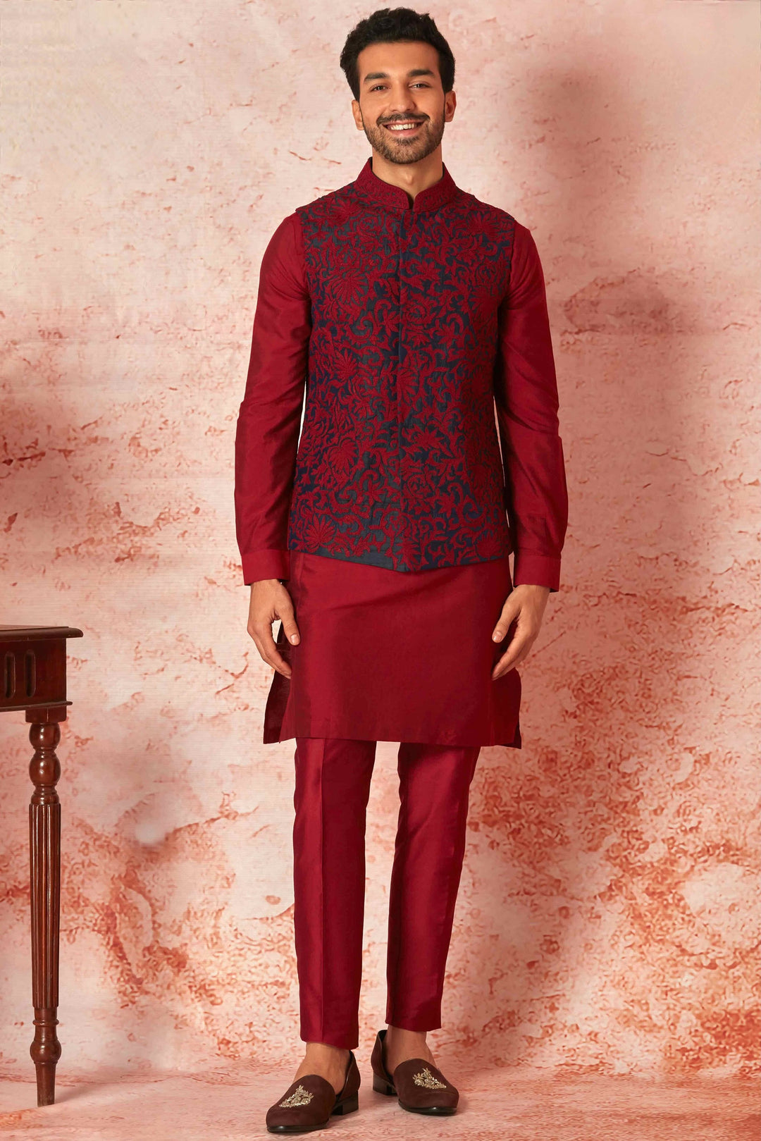 Quality Navy Blue Raw Silk Bundi with Red Kiran Dori Embroidery 