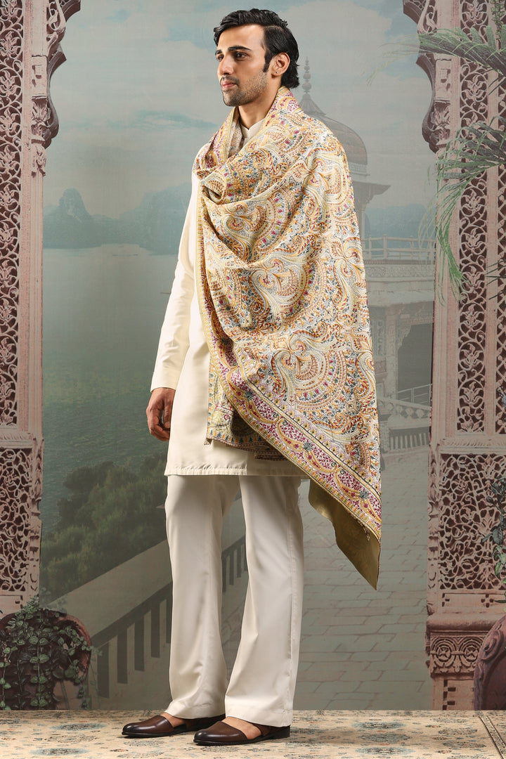 Ivory Silk Zardozi Embroidered Stole