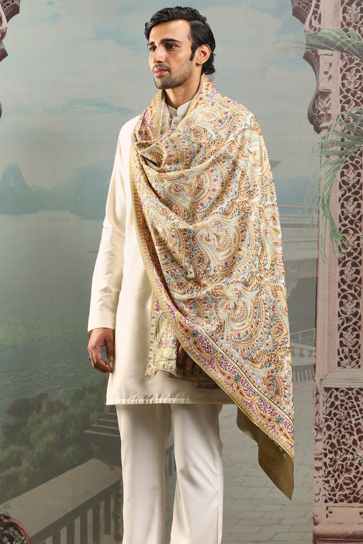 Ivory Silk Zardozi Embroidered Stole