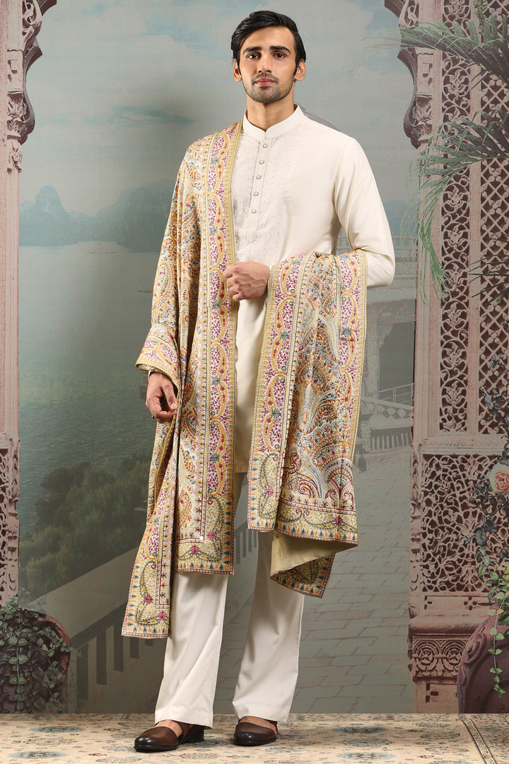 Ivory Silk Zardozi Embroidered Stole